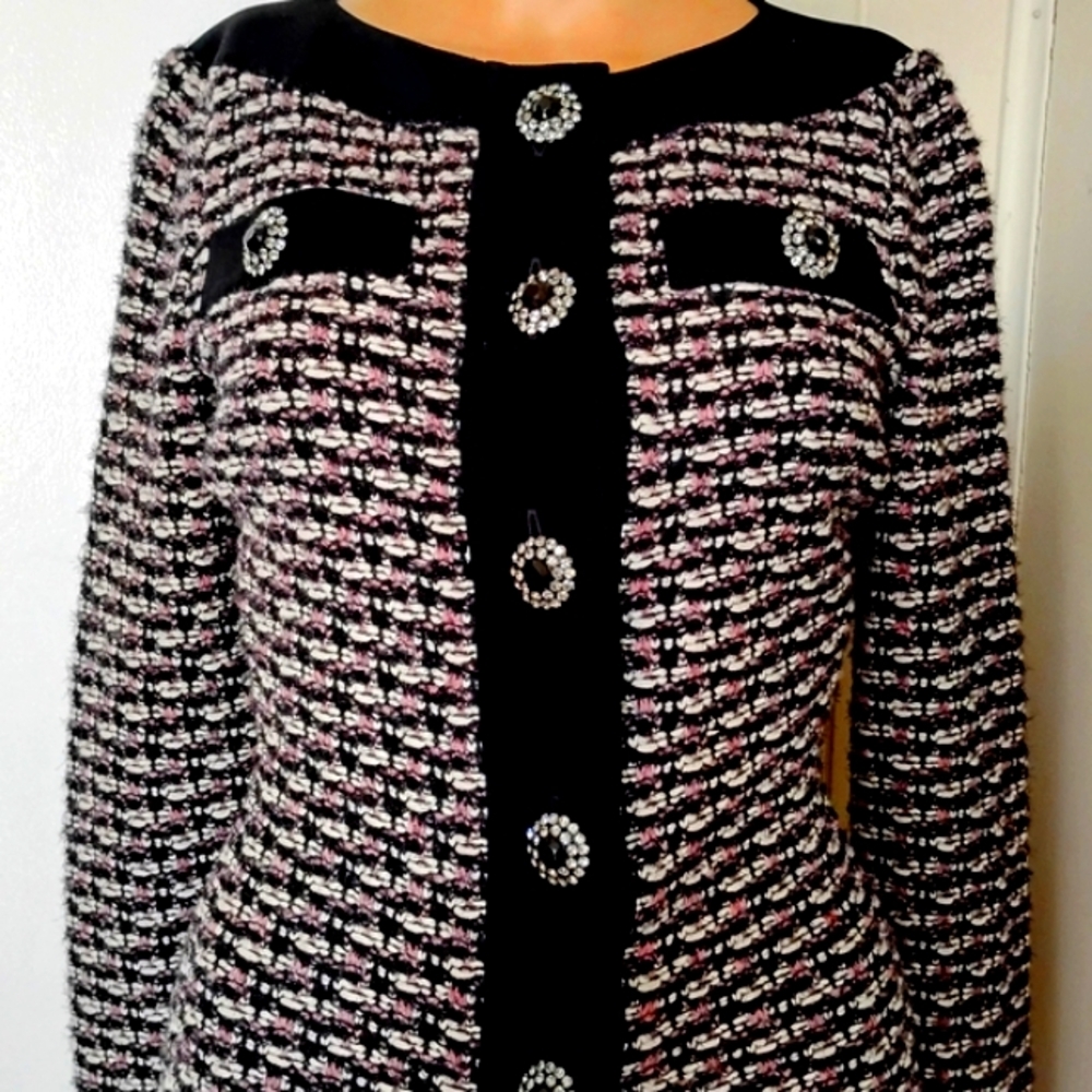 ST JOHN 2-6 BLACK PURPLE TWEED BOUCLE BLACK EYELASH METALLIC KNIT CRYSTAL JACKET - Picture 11 of 16